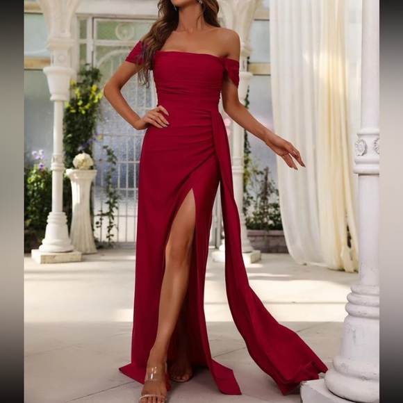 Luxe off shoulder draped hem slit thigh party formal prom wedding gown dress - Picture 10 of 16